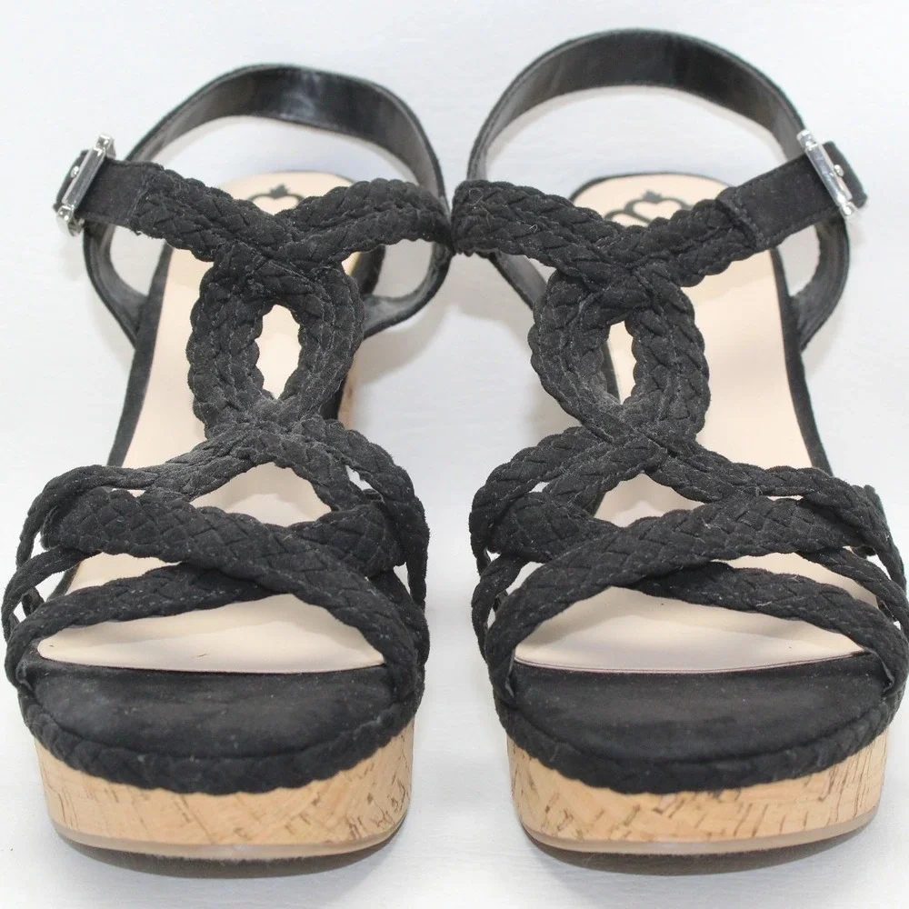 Fergalicious‎ Voyager Black Braided Cork Wedge Sandals Womens 9M Platform Strap